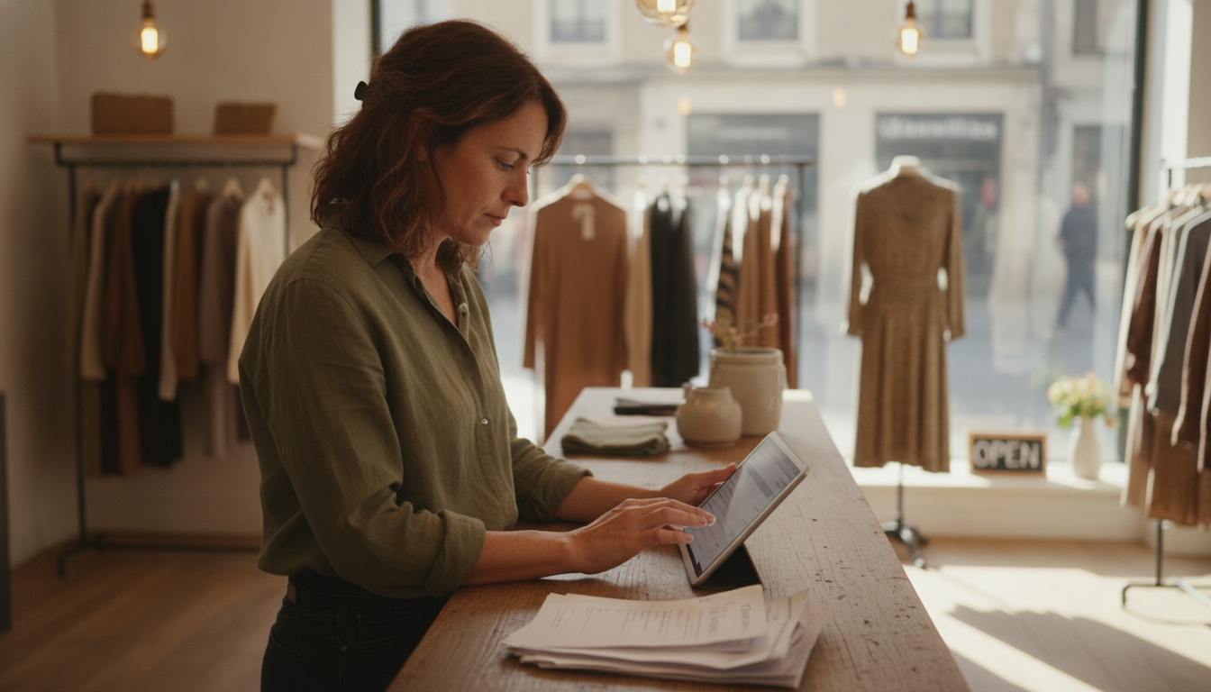 Boutique clothing store owner reviewing a forward-planned seasonal campaign on a tablet in her shop