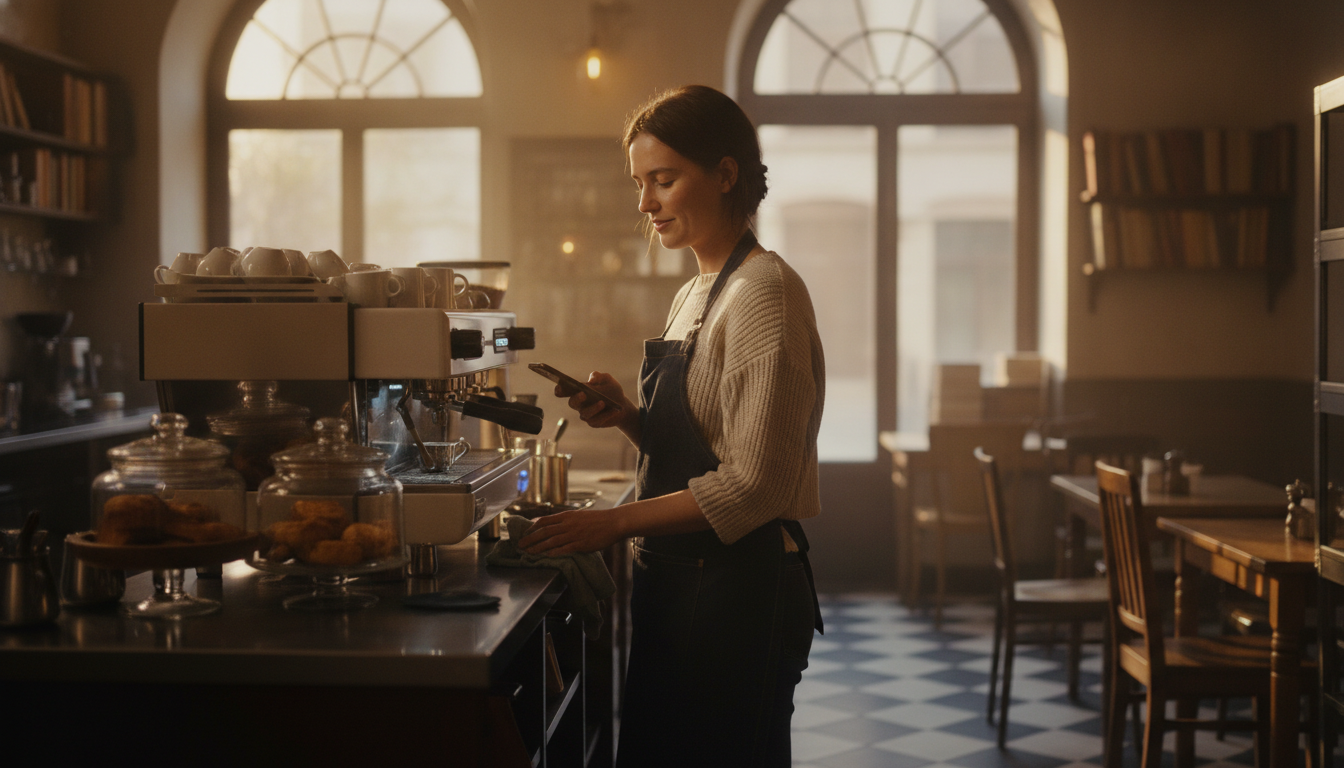 Cafe owner at the espresso machine in a quiet morning moment