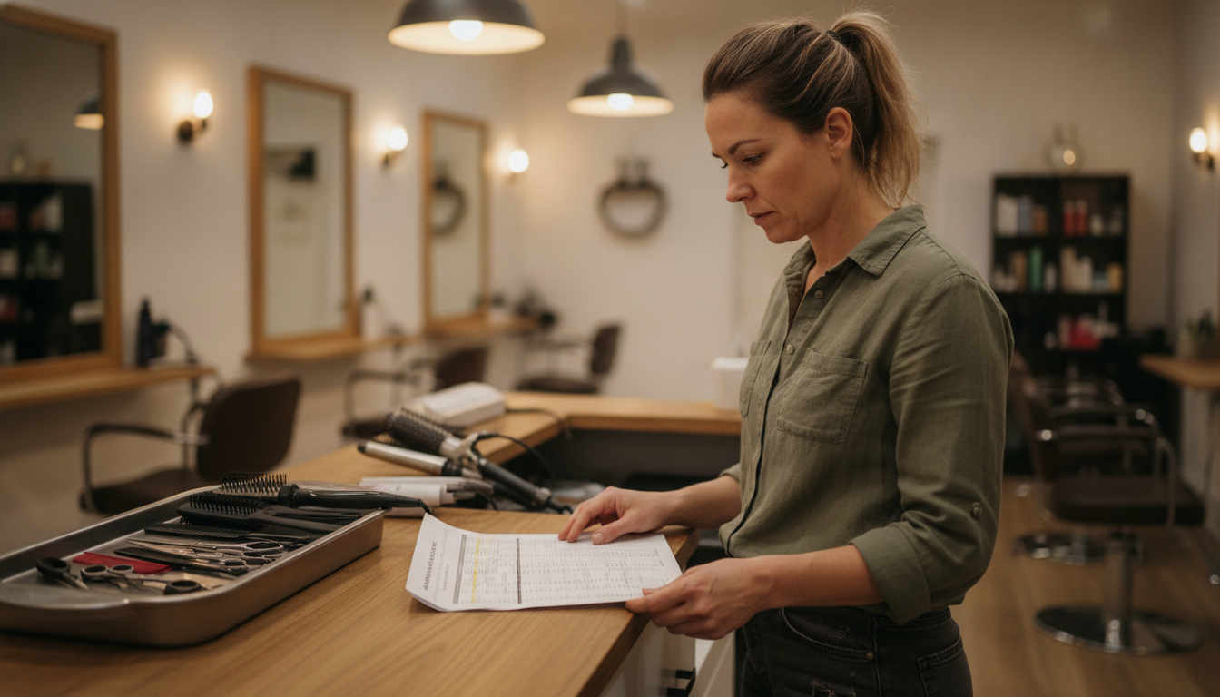 Hair salon owner reviewing weekly transaction data at her reception desk on a Monday morning