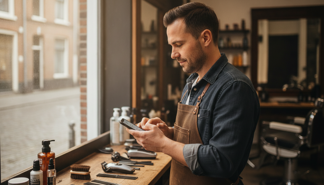 Barbershop owner planning his week's marketing on his phone before opening