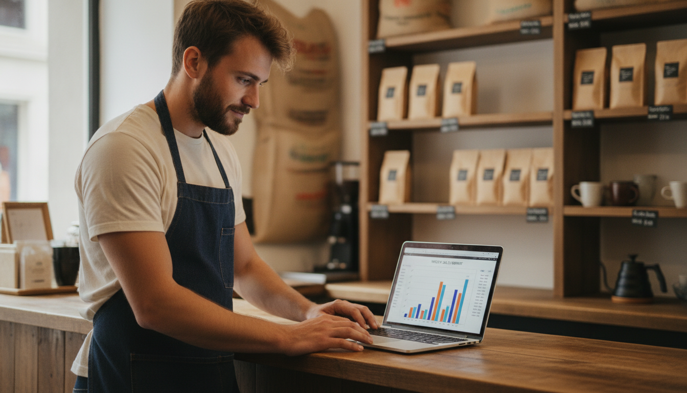 Cafe owner reviewing weekly POS sales data on a laptop at the counter