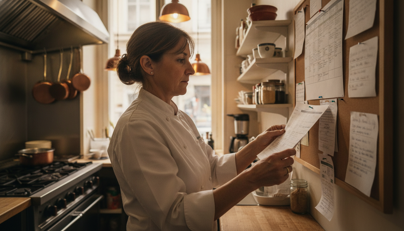 Restaurant owner reviewing a focused weekly content plan in her bistro kitchen