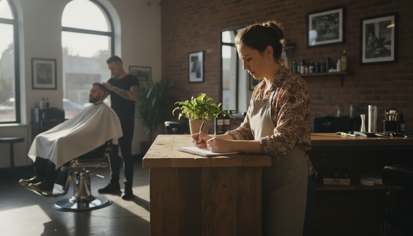 Hair salon owner managing client scheduling and follow-up at her salon reception