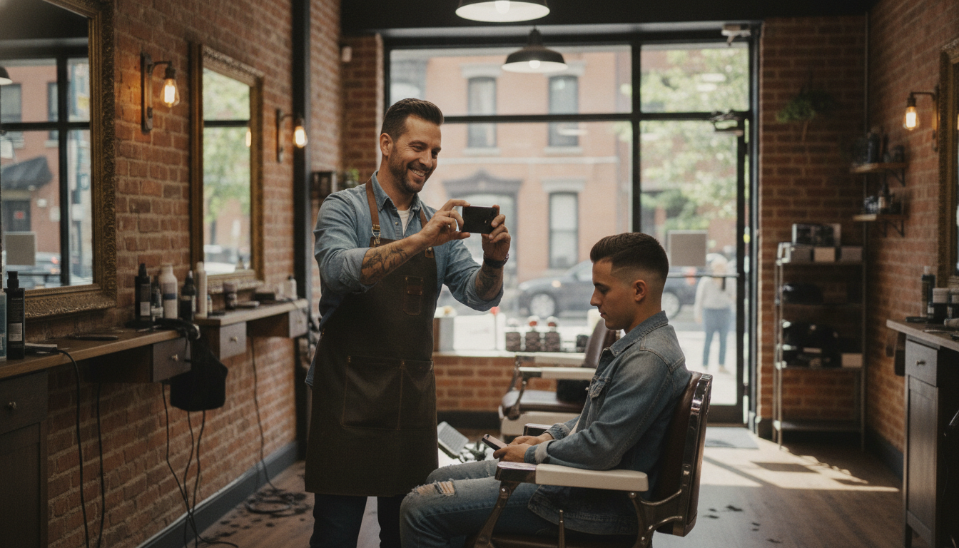 A neighbourhood barber photographing a fresh haircut on his phone inside his barbershop