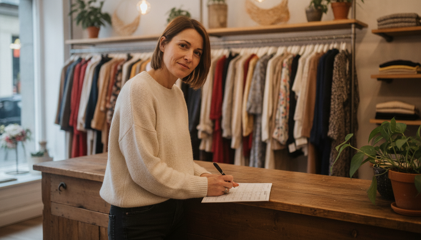 A boutique owner planning her weekly content schedule at the shop counter