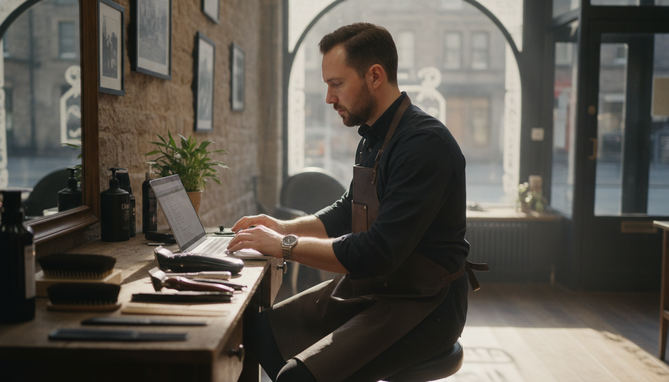 A barbershop owner reviewing customer visit data on a laptop at his workstation