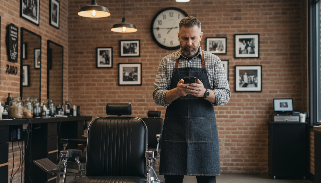 A local barbershop owner reviewing a content approval request on his phone in his shop