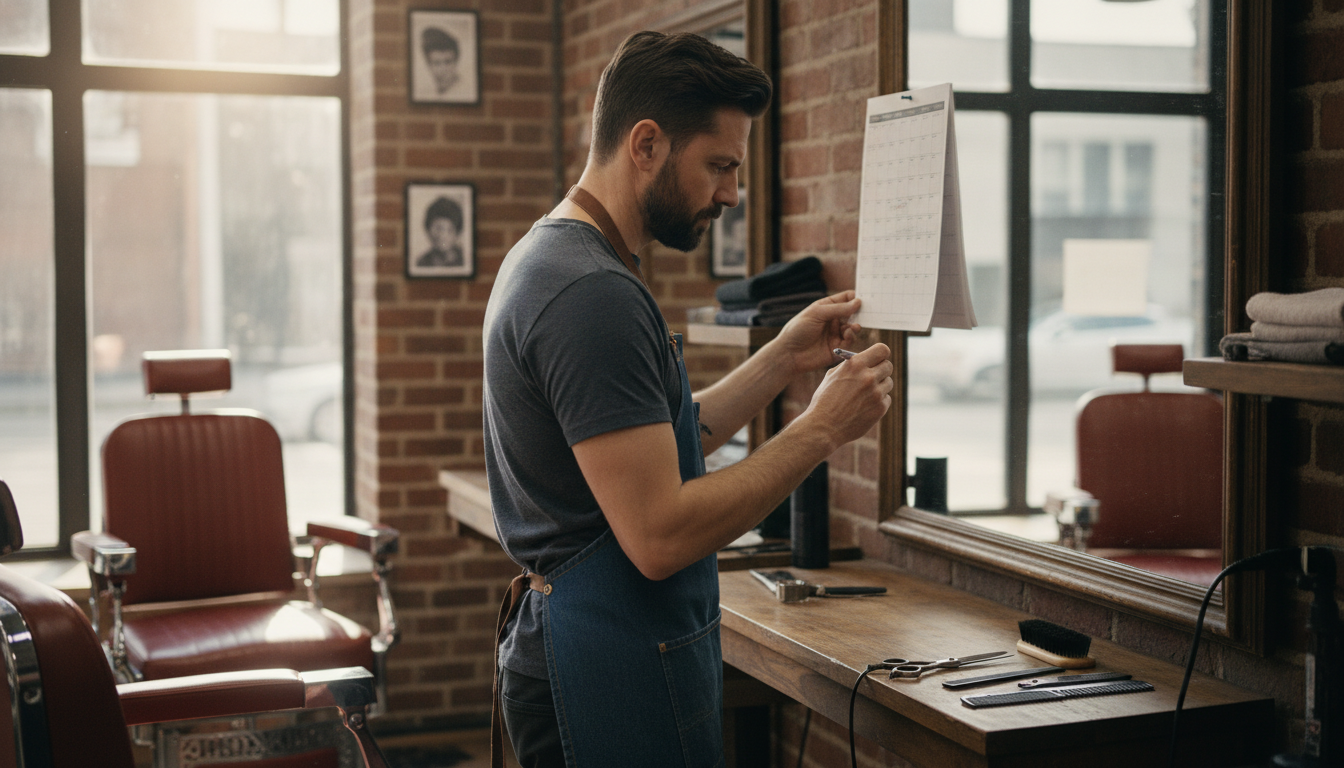 Barbershop owner reviewing a monthly marketing planner between appointments