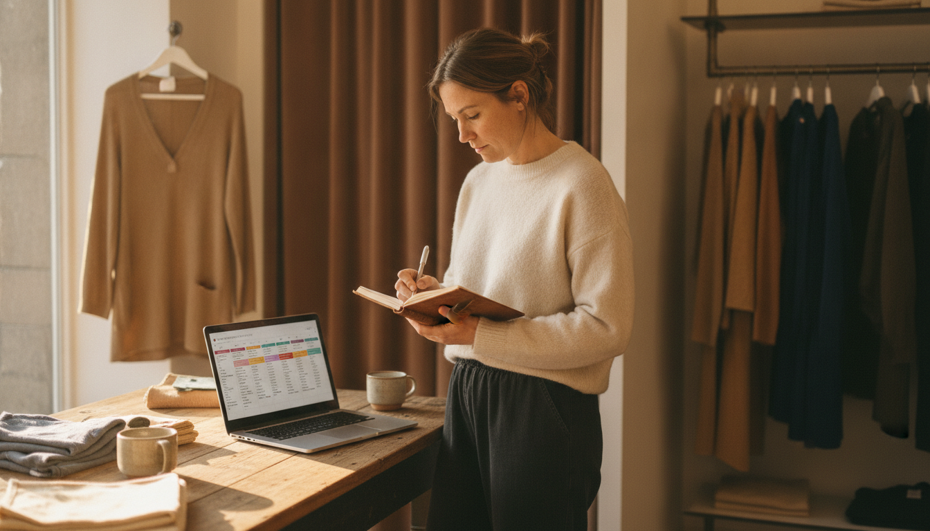 A boutique clothing store owner planning her weekly content batch at a table in her shop