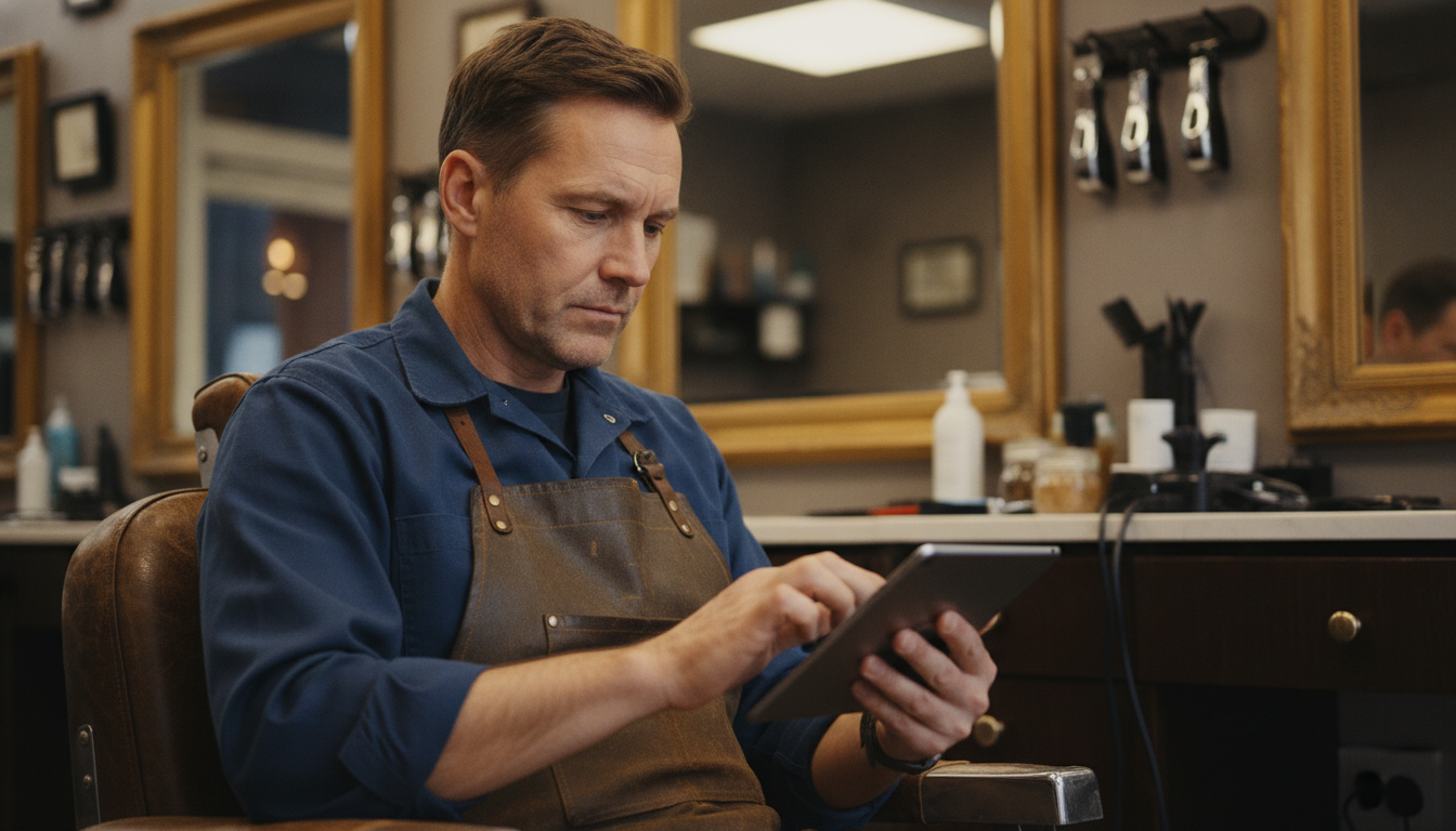 Barbershop owner updating his Google Business Profile on a tablet during a quiet moment between clients
