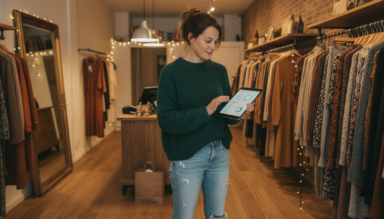 A boutique clothing store owner in Amsterdam reviewing her paid ad campaign performance on a tablet