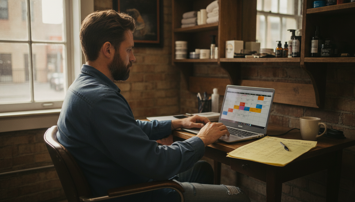 A barbershop owner reviewing his pre-season marketing plan on a laptop in his shop